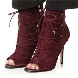 Sam Edelman Asher Lace Up Peep Toe Heeled Ankle Boots in Burgundy Size 7